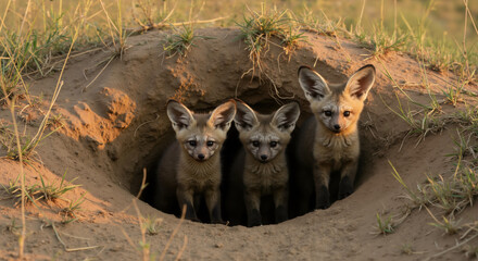 Fototapeta premium Three young fennec foxes emerging from burrow entrance in desert soil. Baby canids in underground den with large ears. Wildlife conservation awareness and animal family behavior educational materials