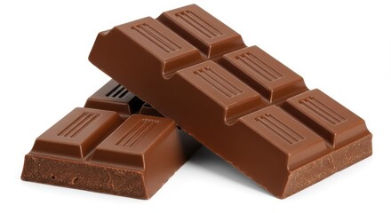 Close up of two milk chocolate bars stacked on top of each other on a white background surface