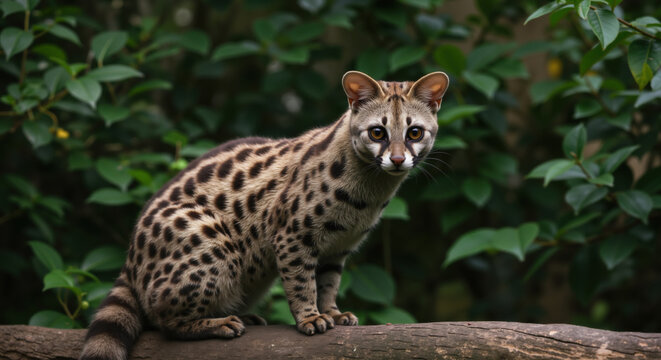 Genet cat sitting on fallen log with green foliage background. Wild feline with spotted coat and alert expression. Wildlife conservation awareness and rainforest biodiversity educational materials - Powered by Adobe