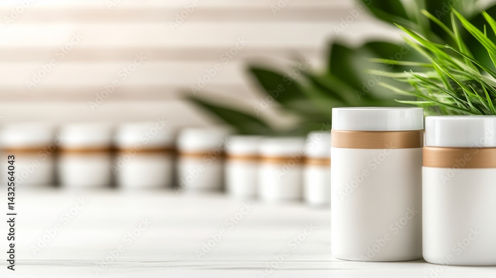 Aufkleber Collection of white skincare jars and bottles is neatly displayed against a soft neutral backdrop, emphasizing order and sophistication in skincare presentation