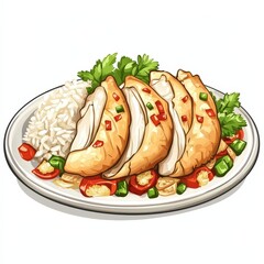 Chinese hainanese chicken rice national cuisine dish isolated on white background, colorful cartoon illustration