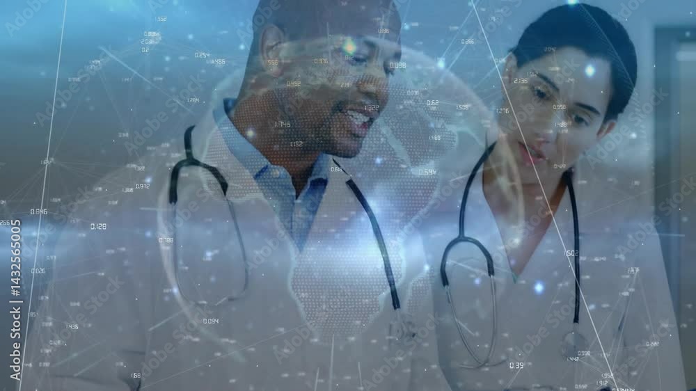 Aufkleber doctors leaning forward in clinical lab, analyzing holographic globe with numeric data overlay