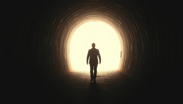 Silhouette of a man approaching light in a dark tunnel, symbolizing hope and renewal