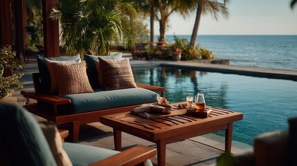 Fototapeta premium Peaceful luxury poolside lounge at tropical beachfront resort