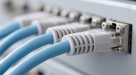 Blue network cables connected to a wall box and a box in a data center, close-up of prominent blue wires connecting the table with a cabinet, professional photography, shallow dept