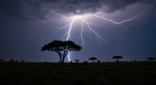Lightning strike behind acacia tree silhouette in savanna at night. Electrical storm with multiple lightning bolts over grassland. Severe weather documentation and climate change educational materials