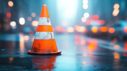 Roadworks Orange cone on wet pavement, city background