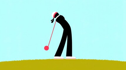 Golfing Minimalist Illustration  Fairway Shot  Player  Club  Green  Sky