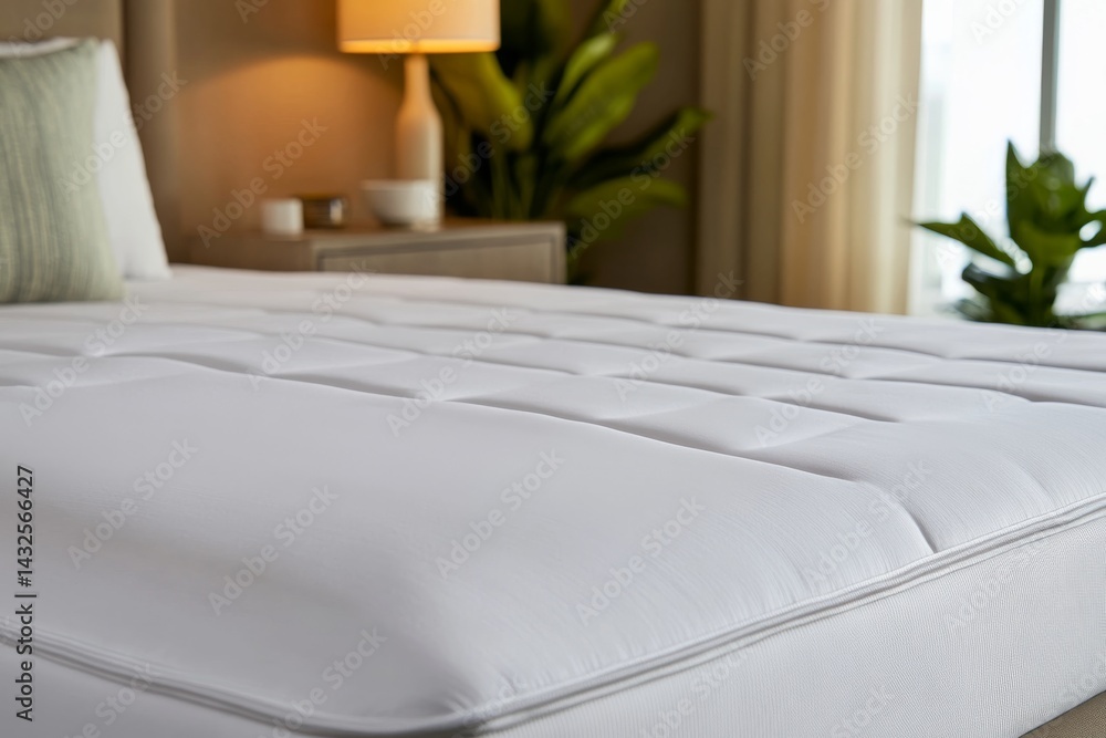 Aufkleber close-up view of a fresh white mattress protector arranged neatly on a bed, showcasing soft fabric t