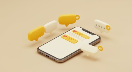 Smartphone with chat bubbles and notification icons floating on a beige colored background surface