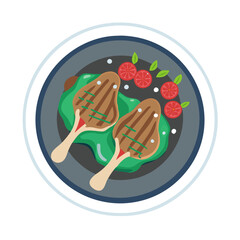 Grilled steaks with salad and tomatoes illustration icon