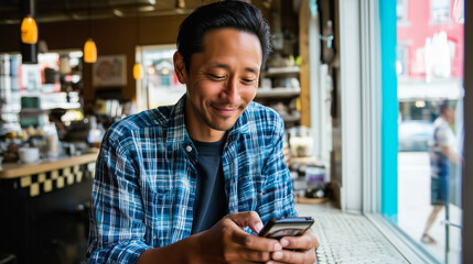 Payday for the gig economy: Candid shot of a diverse freelancer checking instant payment notification on their phone in a realistic work setting (cafe/studio). Captures modern work flexibility.