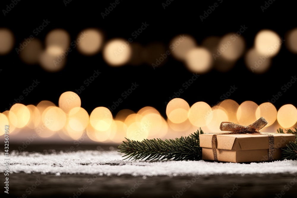 Poster close-up of a golden gift box resting on lush fir branches with snow, enhanced by beautiful bokeh li