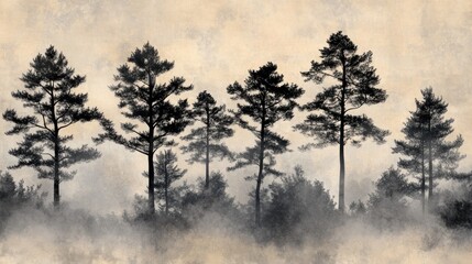 Misty forest silhouettes against a textured backdrop