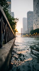Fototapeta premium Urban River Sunset Cityscape Water Bridge Buildings Reflection