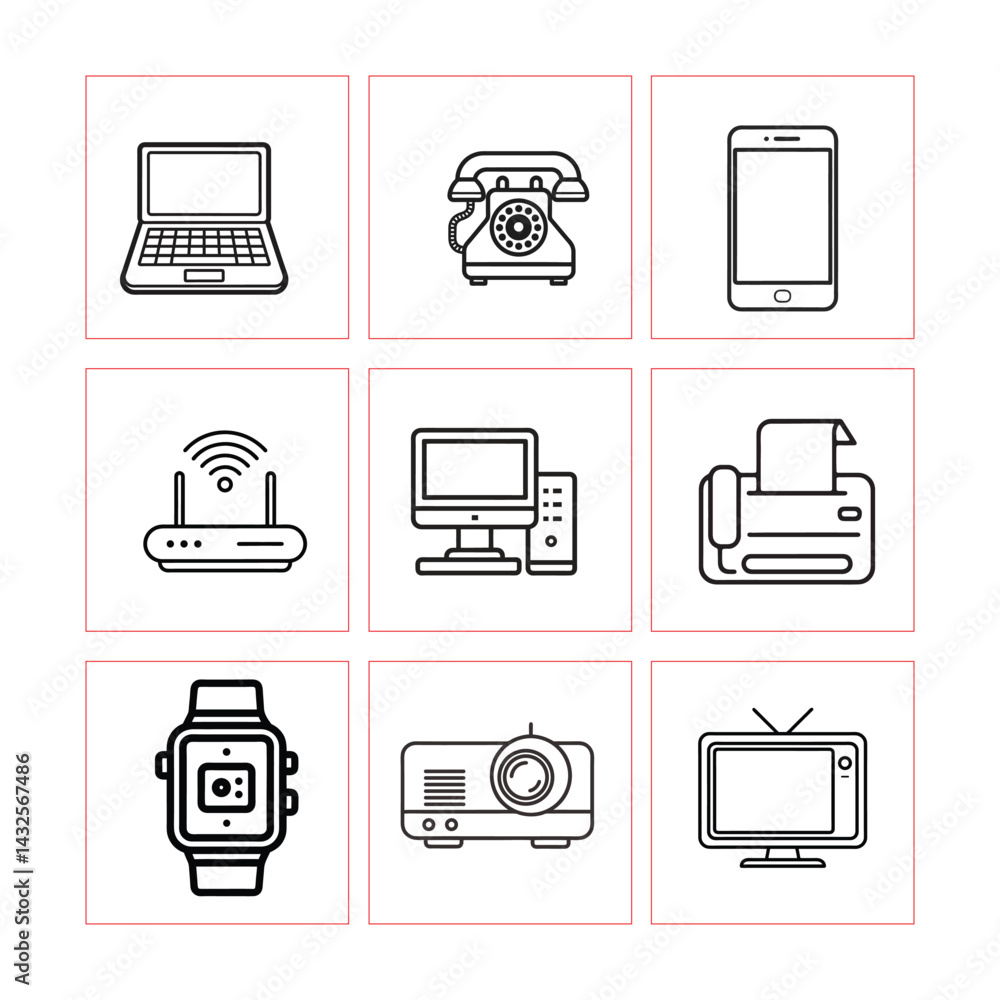 Poster 9 line style device icons – minimalist technology and electronics icon set
