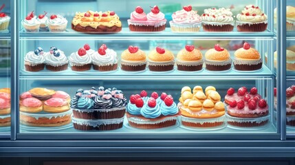 Artistic depiction of an illuminated display case filled with assorted confectionery desserts