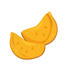 Illustration of two cartoon mango slices on black background