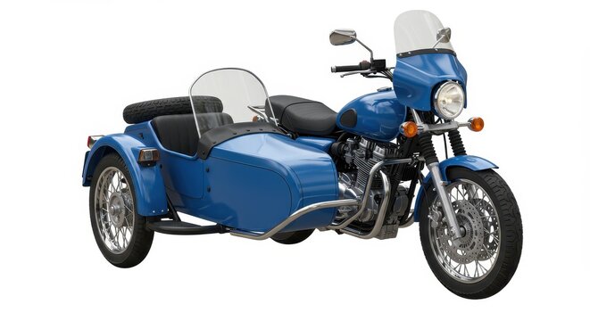 A blue motorcycle with a sidecar parked on a white background in a studio shot with good lighting