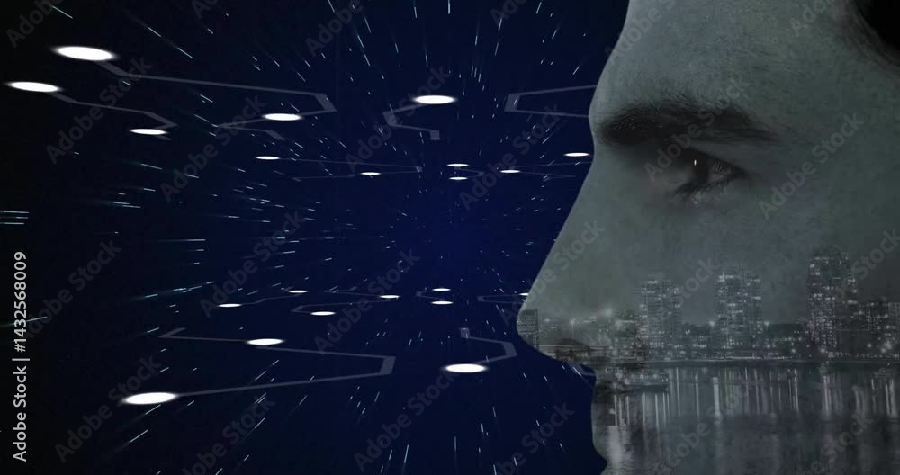 Poster man showing profile in technology scene, highlighting floating nodes and city skyline overlay