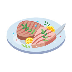 Steak platter with lemon and herbs illustration vector