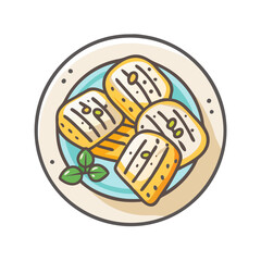 Grilled Halloumi Cheese Illustration with Basil on Plate