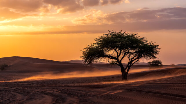 Sunset in the Sands; A Lone Acacia Silhouetted Against Fiery Skies, Its Gnarled Trunk Anchored in Silence