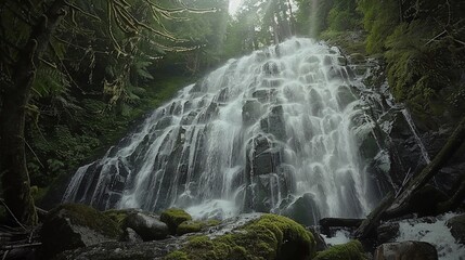 Lush forest waterfall cascading rocks, sunlight, nature serenity, travel poster