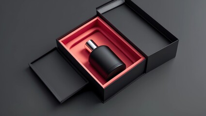 Obraz premium Black perfume bottle in red and black box