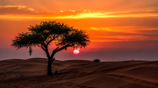 Sunset in the Sands; A Lone Acacia Silhouetted Against Fiery Skies, Its Gnarled Trunk Anchored in Silence