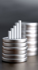 3D render of an icon: three coins stacked on top of each other with a bar graph in the middle, in black and white with a metallic texture and matte surface, soft lighting, dark bac
