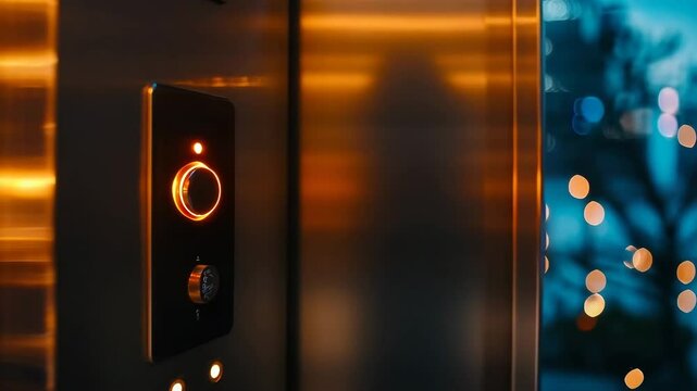 Person Pressing Button in Modern Elevator with City View Outside