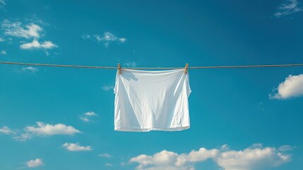 T-shirt drying on a clothesline against a bright blue sky with scattered clouds