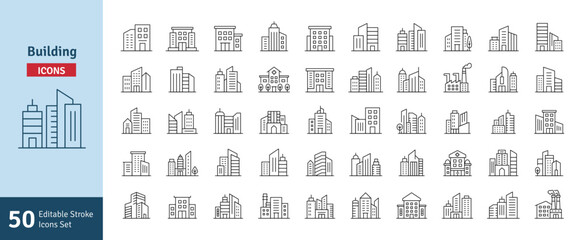Buildings Line Editable Stroke Icons Set. Real Estate, House, Hospital, Industry, Home, Apartment, Hotel, Cityscape, Downtown. Architecture Buildings Icons Vector Illustration