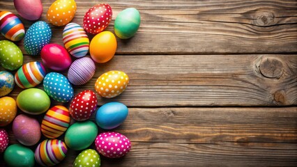 Fototapeta premium Colorful Easter eggs on rustic wood background, Easter, eggs, holiday