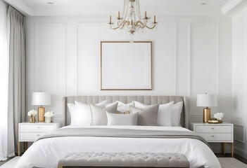 Luxury Bedroom Blank Vertical Frame Mockup Above Elegant Bed
