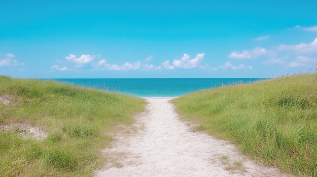 Sandy path leads through green grassy dunes towards the calm blue ocean under a clear summer sky.