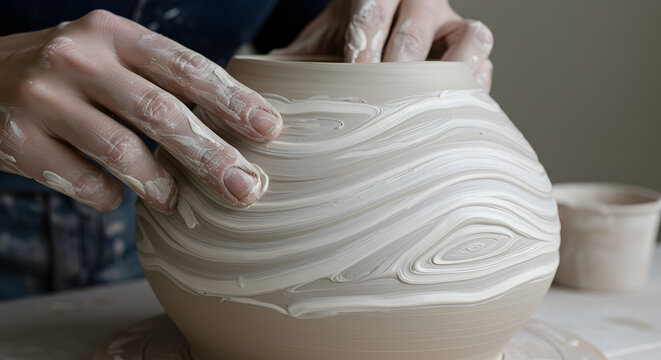 陶芸家が粘土の壺を成形する様子、手作り陶器の製造プロセス