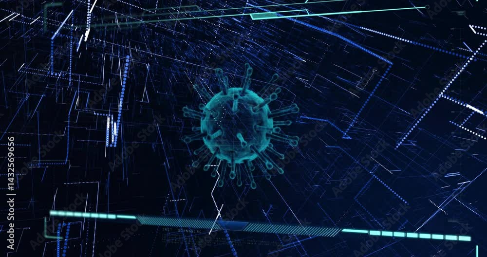 Poster teal 3d virus sphere floating in dark digital interface, glowing lines scanning grid with ui bars