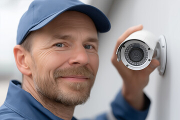 A smiling man in a blue uniform is installing a CCTV camera on the wall of a home, 