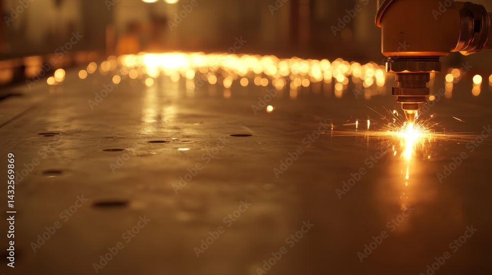 Poster laser tool head slices into a metallic sheet, creating bright sparks against a blurred industrial ba