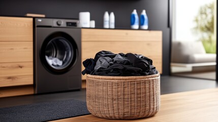 Close-up of a full laundry basket in a contemporary laundry room, highlighting a washing machine and detergent bottles, creating a relatable household moment