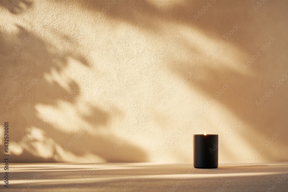 Poster a lit candle placed in a black ceramic holder emits soft light, creating distinct shadows on a beige