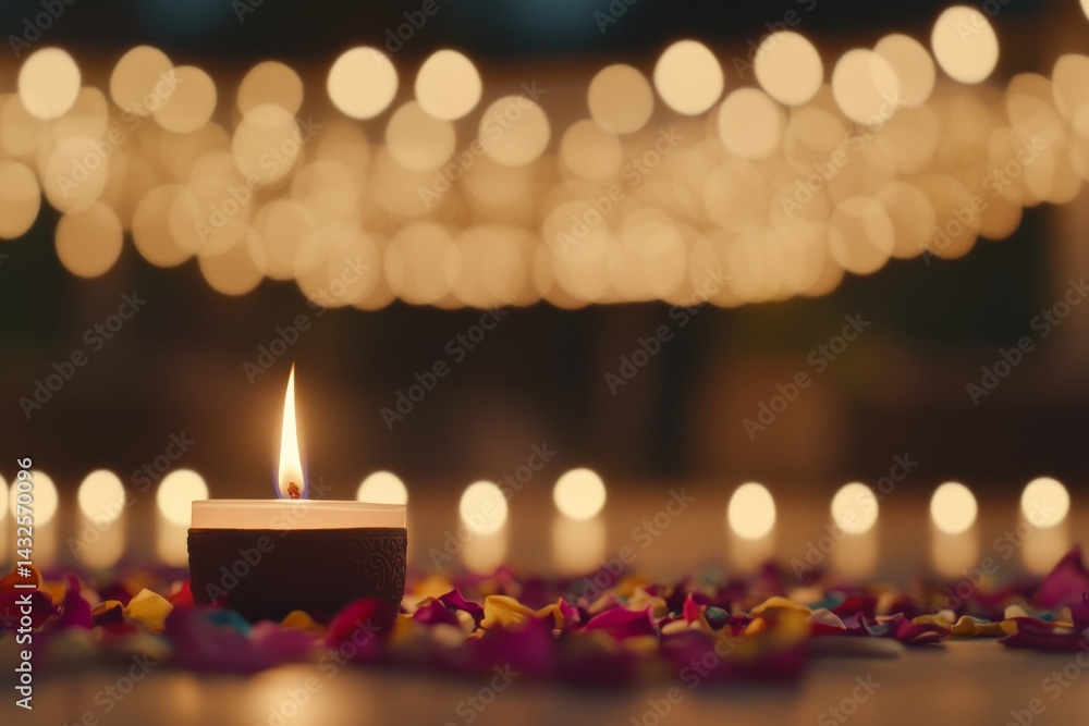 Poster lit candle rests on a bed of colorful flower petals, illuminated by soft golden bokeh lights, enhanc