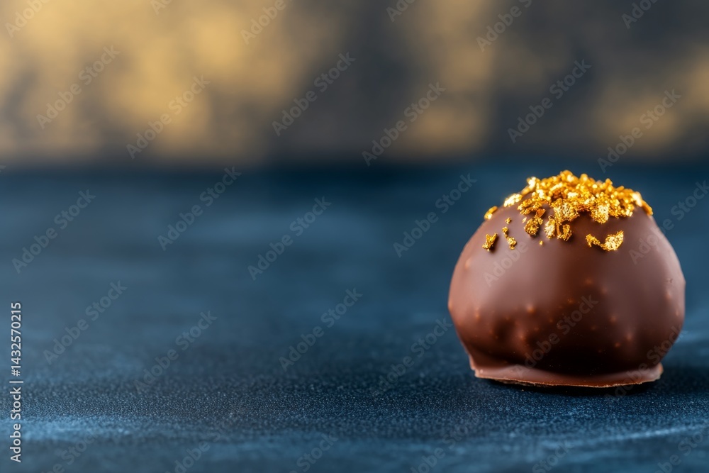 Poster close-up of a decadent chocolate truffle adorned with shimmering gold flakes, set on a dark slate ba