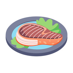 Cartoon Grilled Steak Served on Plate with Lettuce