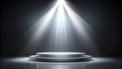 A solo spotlight shines brightly on a sleek, minimalist stage podium, accentuating its lines and curves in a symmetrical arrangement of light and shadow , modern, stage