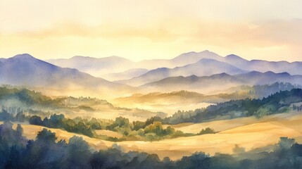 Obraz premium Misty mountain valley at sunrise