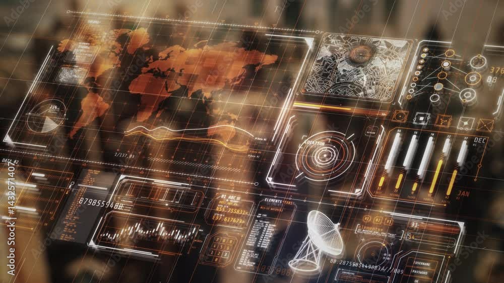 Poster global surveillance system monitoring world map with futuristic hud interface