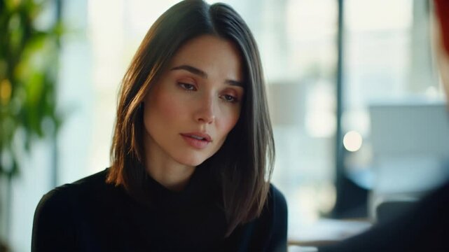 Focused woman contemplates during an interview